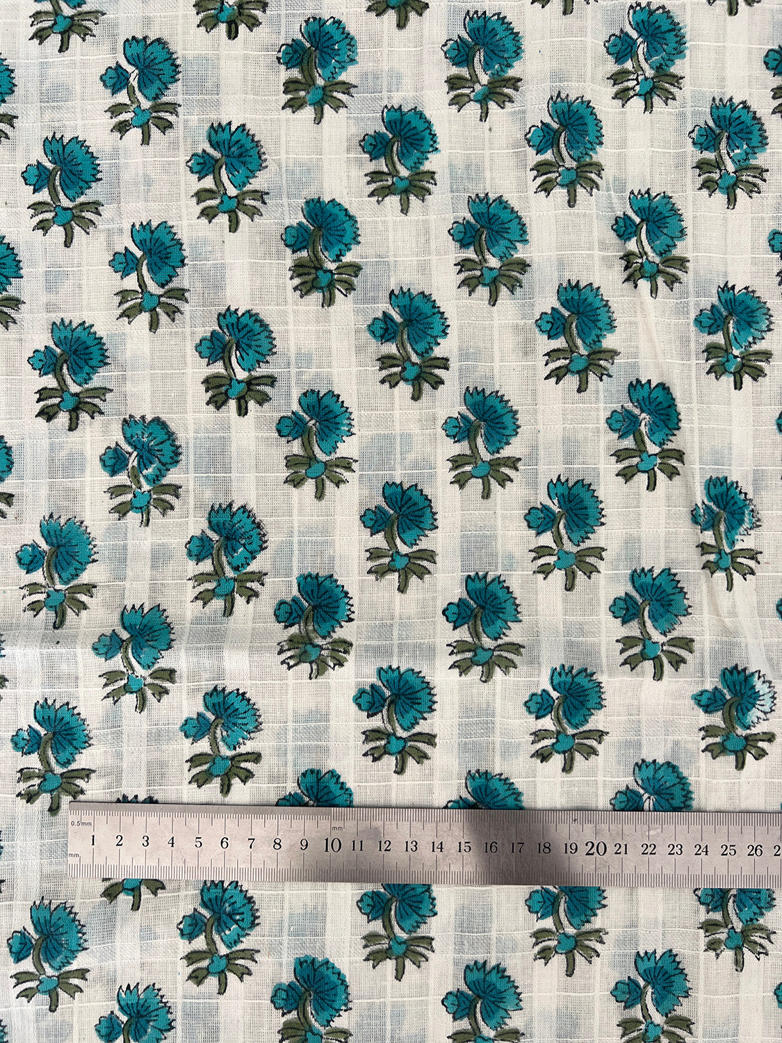 self check cotton fabric | aqua blue buds