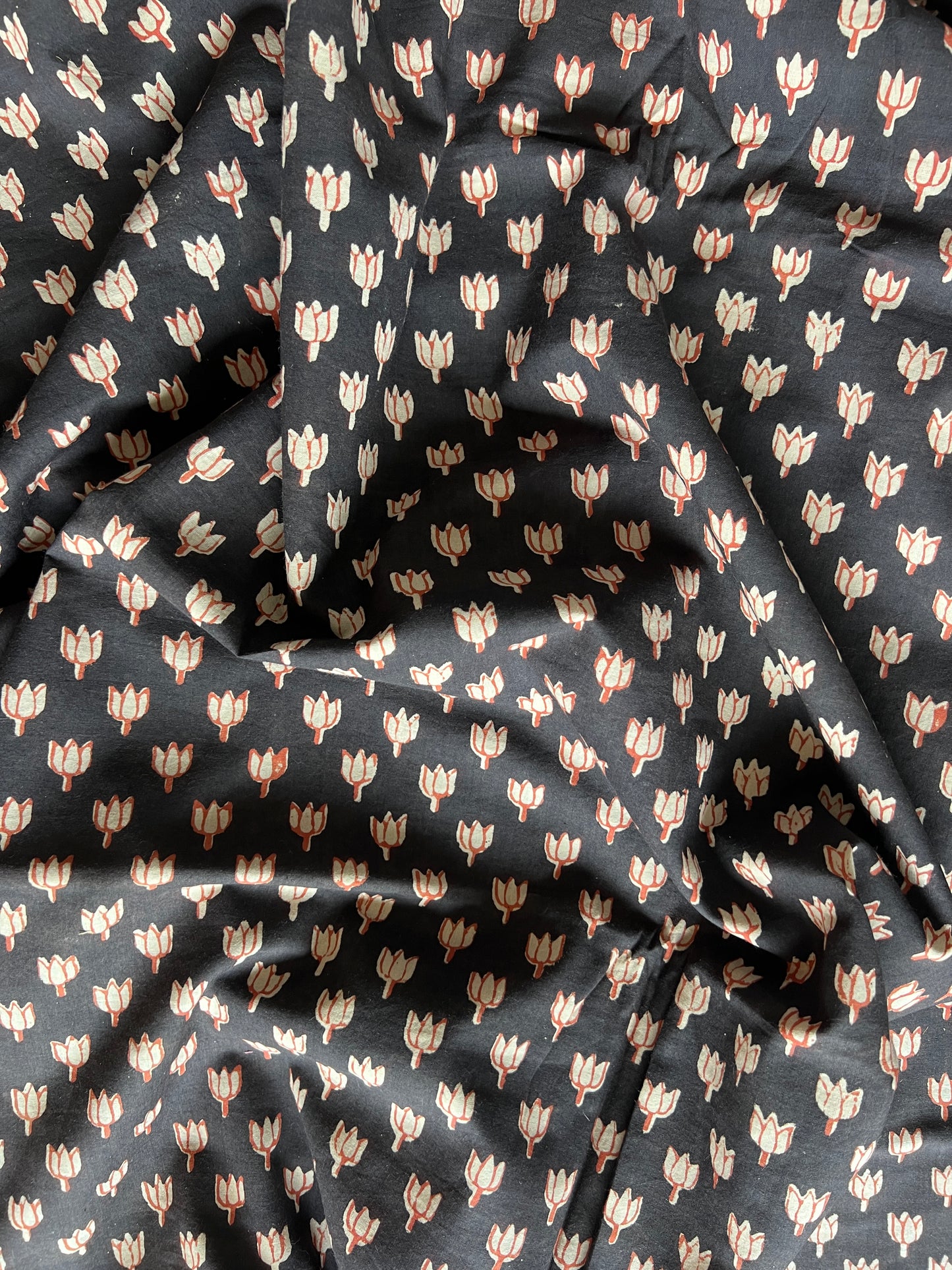 cotton fabric |  little red buds on deep chocolate brown