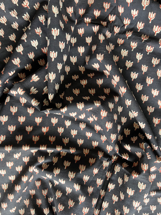 cotton fabric |  little red buds on deep chocolate brown