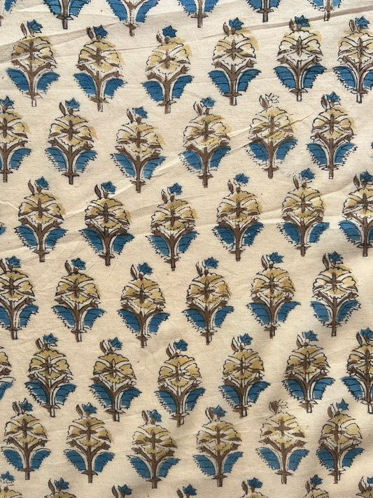 cotton fabric |  warm buttery yellow with blue and brown floral buds