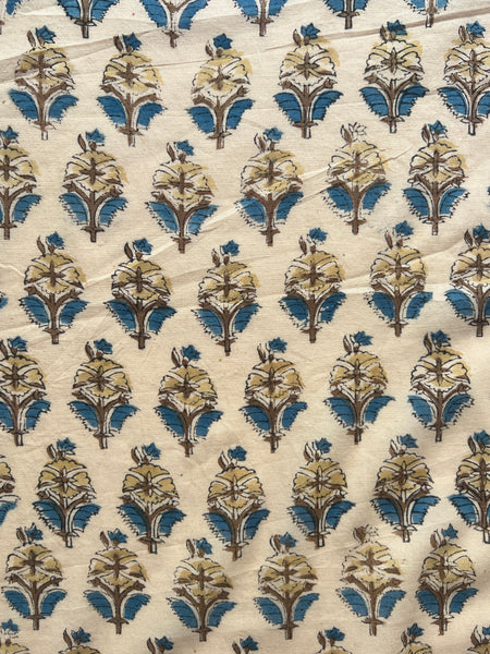 cotton fabric |  warm buttery yellow with blue and brown floral buds
