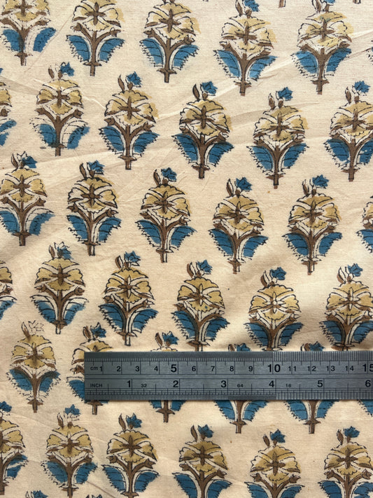 cotton fabric |  warm buttery yellow with blue and brown floral buds