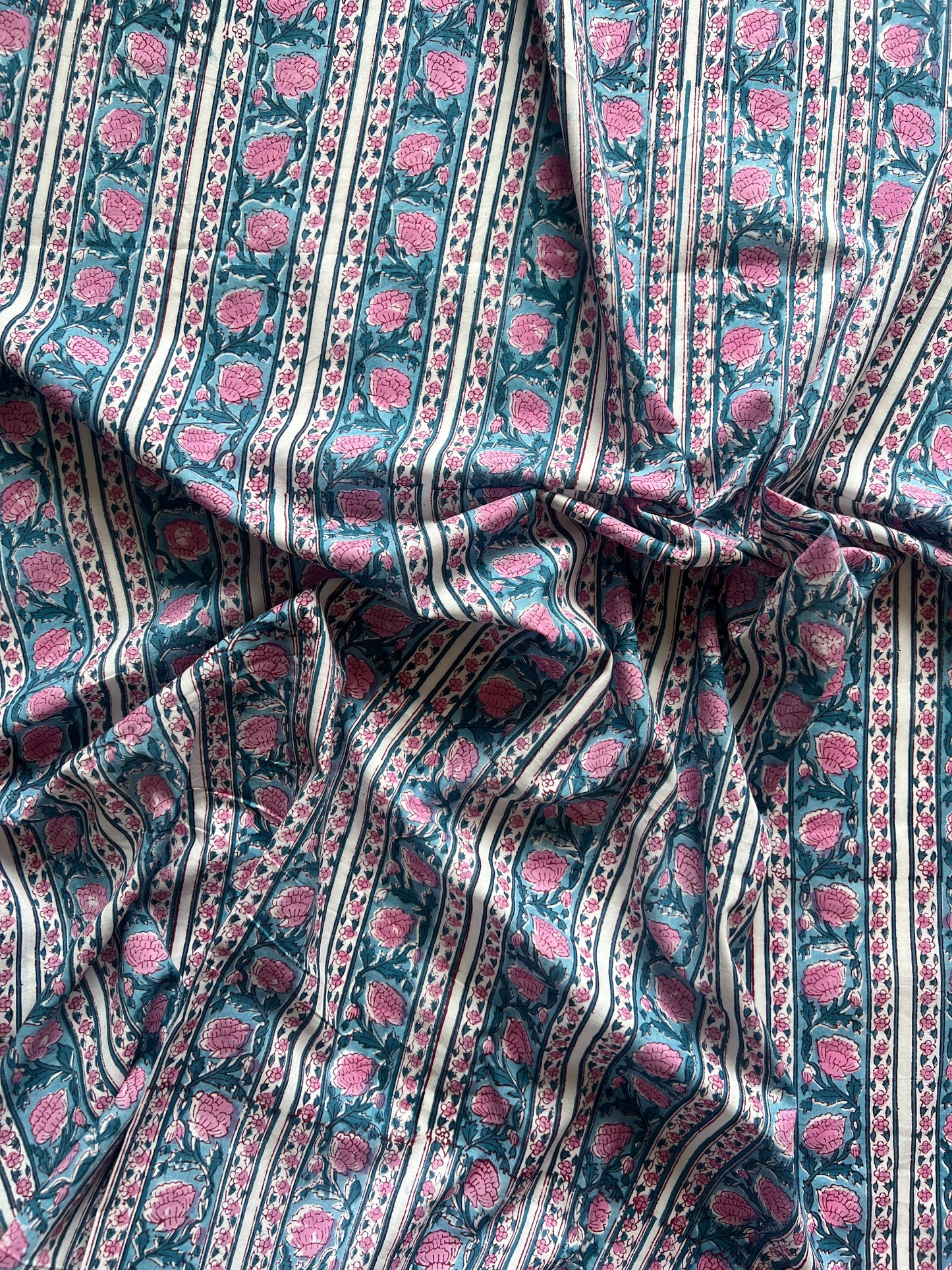 cotton fabric |  blue pink florals stripes