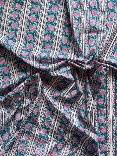 cotton fabric |  blue pink florals stripes