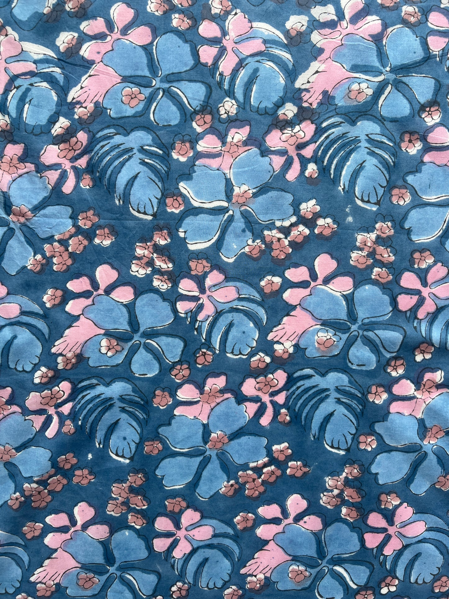 cotton fabric |  blue pink tan large leaves and petals