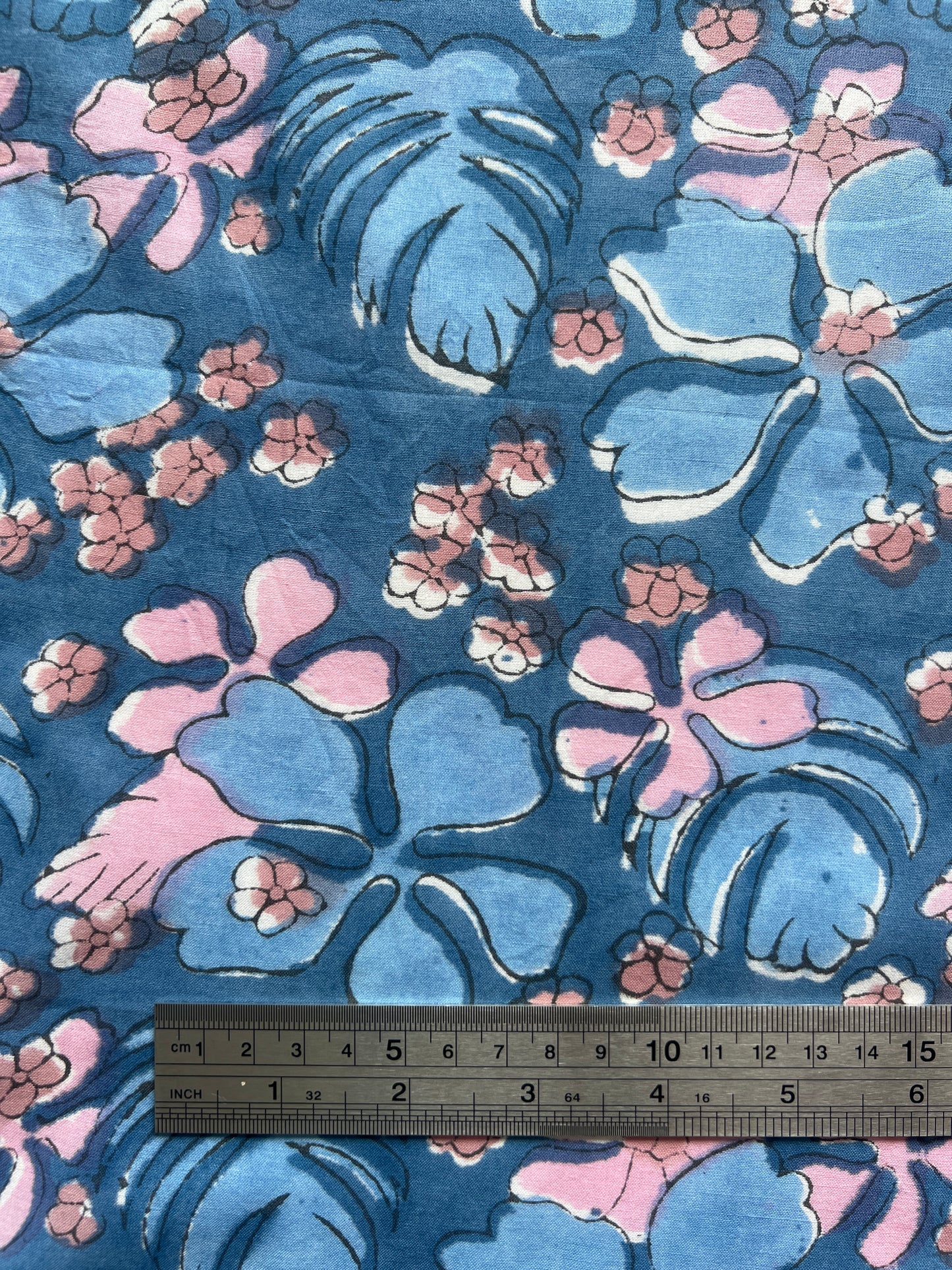 cotton fabric |  blue pink tan large leaves and petals
