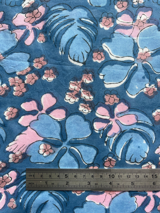 cotton fabric |  blue pink tan large leaves and petals