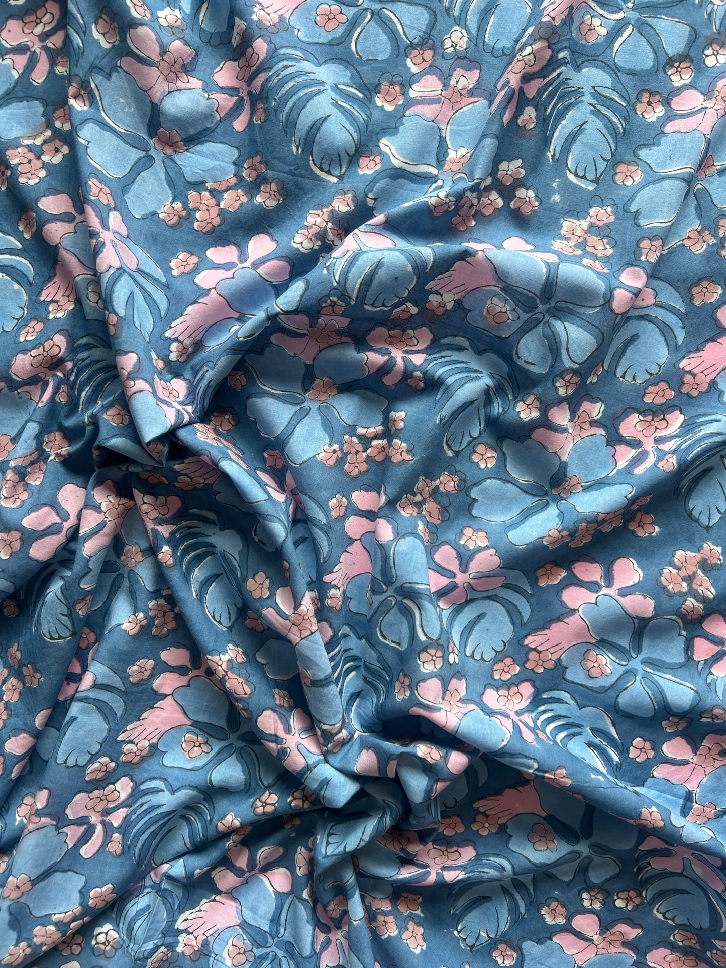 cotton fabric |  blue pink tan large leaves and petals