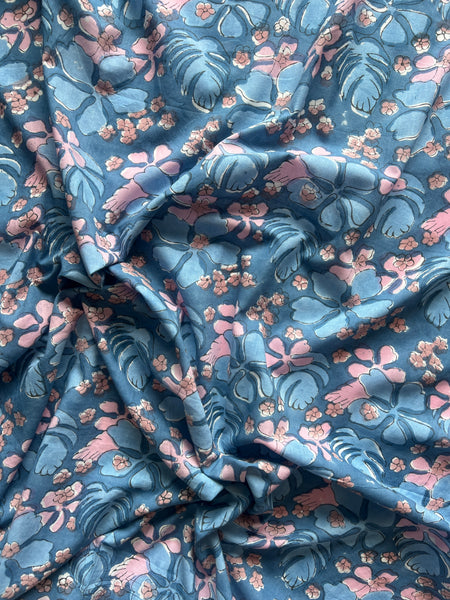 cotton fabric |  blue pink tan large leaves and petals