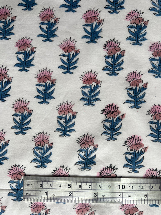 cotton fabric |  white with blue and pink dainty flowers