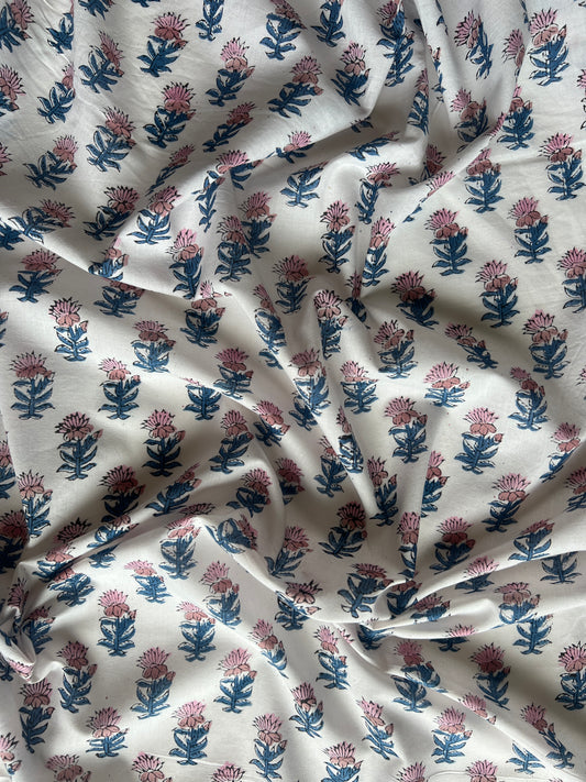 cotton fabric |  white with blue and pink dainty flowers