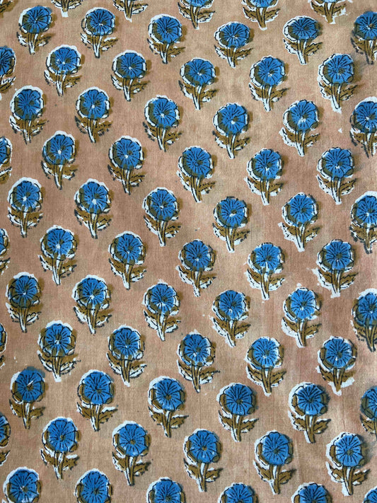 lightweight cotton light tan blue blossoms