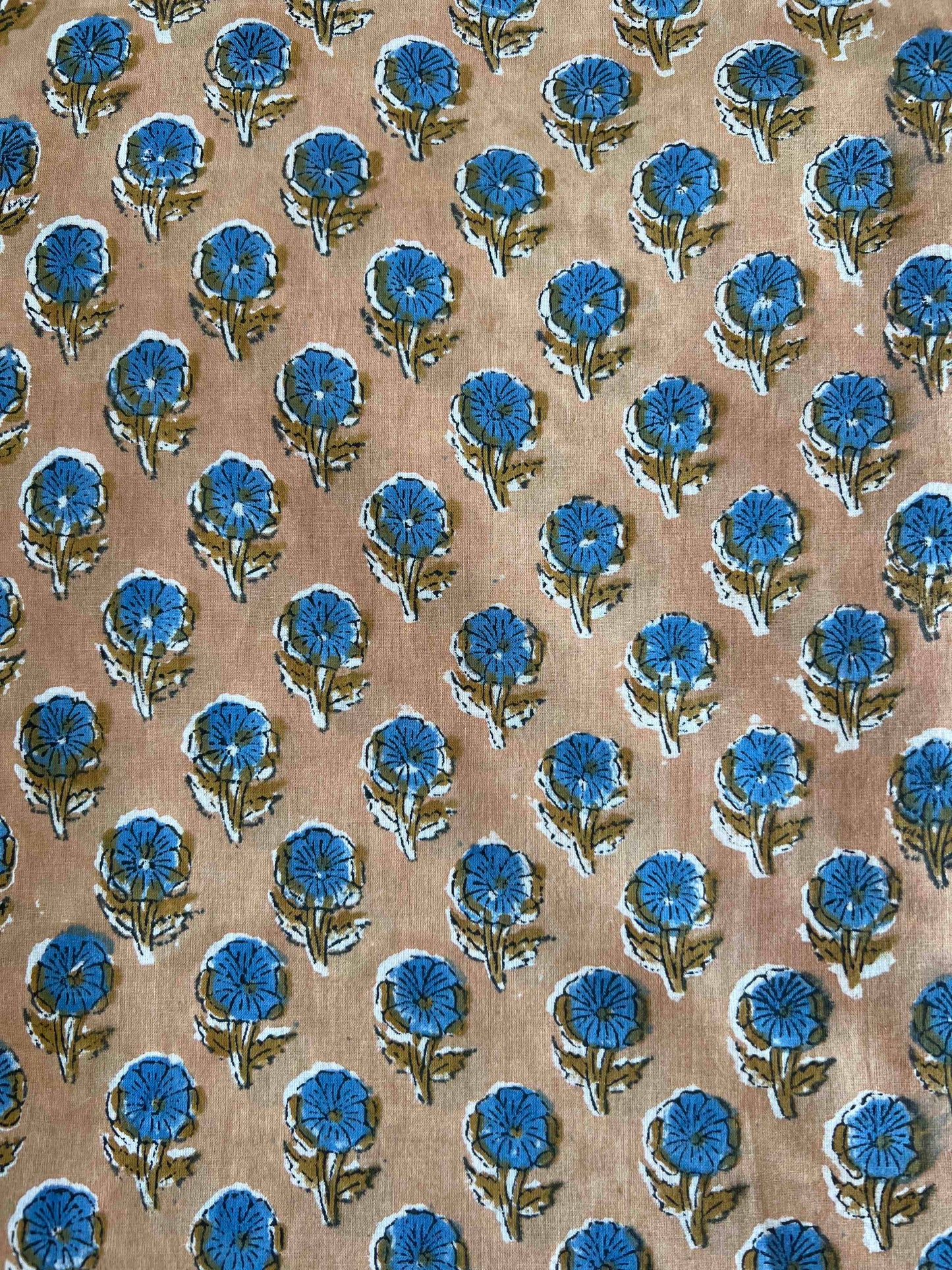 cotton fabric |  light tan blue blossoms