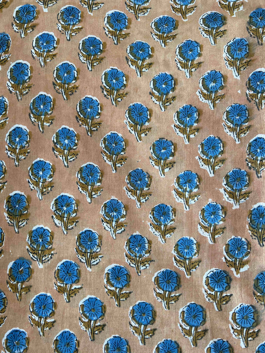 cotton fabric |  light tan blue blossoms