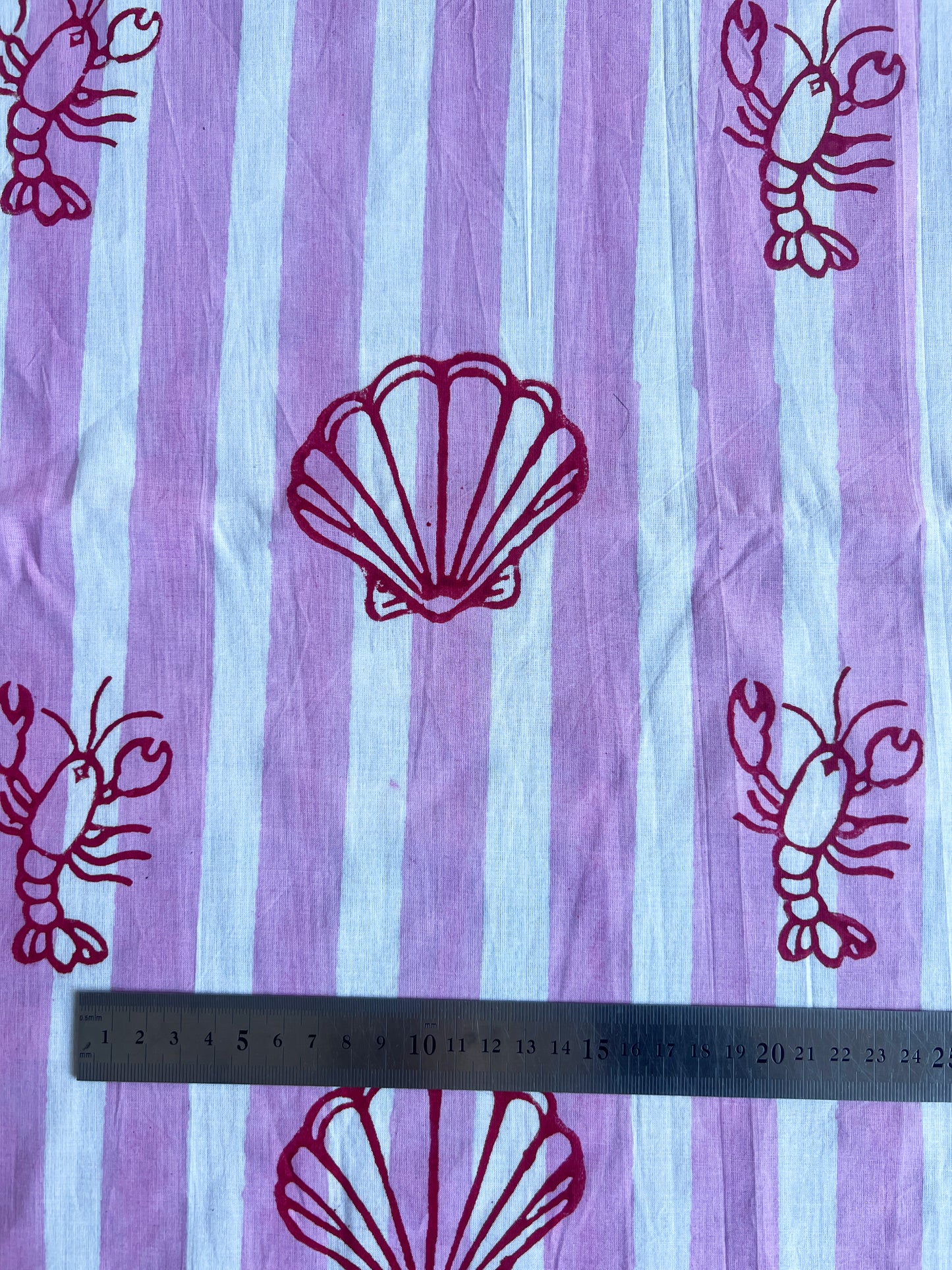 cotton fabric |  musk pink and white stripe with mini lobster and shell