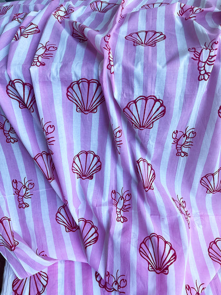 cotton fabric |  musk pink and white stripe with mini lobster and shell