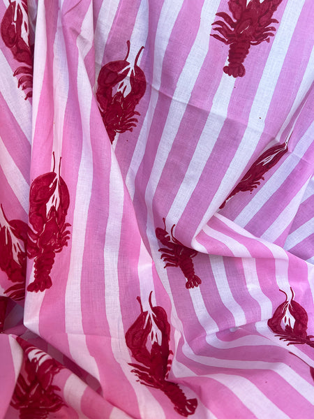 cotton fabric |  musk pink and white stripe with red lobster