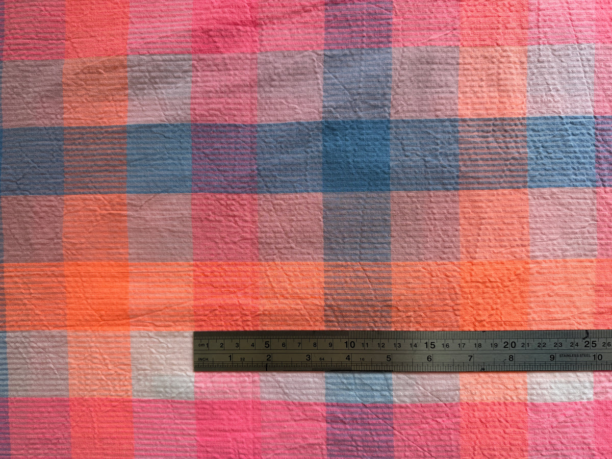 Pink, Orange & Blue Check Cotton Seersucker