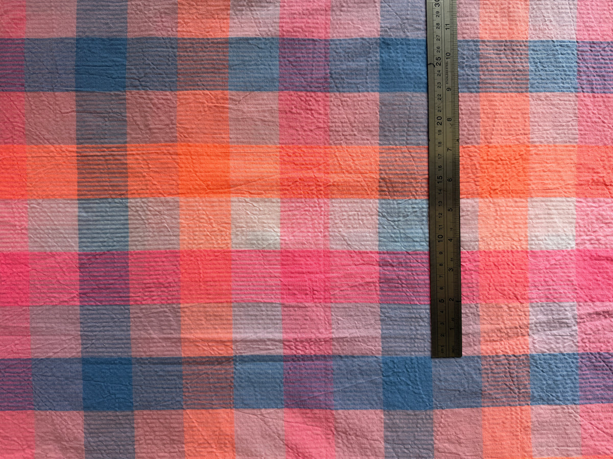 Pink, Orange & Blue Check Cotton Seersucker