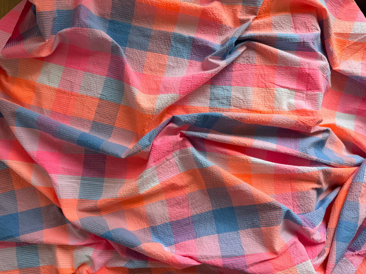 Pink, Orange & Blue Check Cotton Seersucker