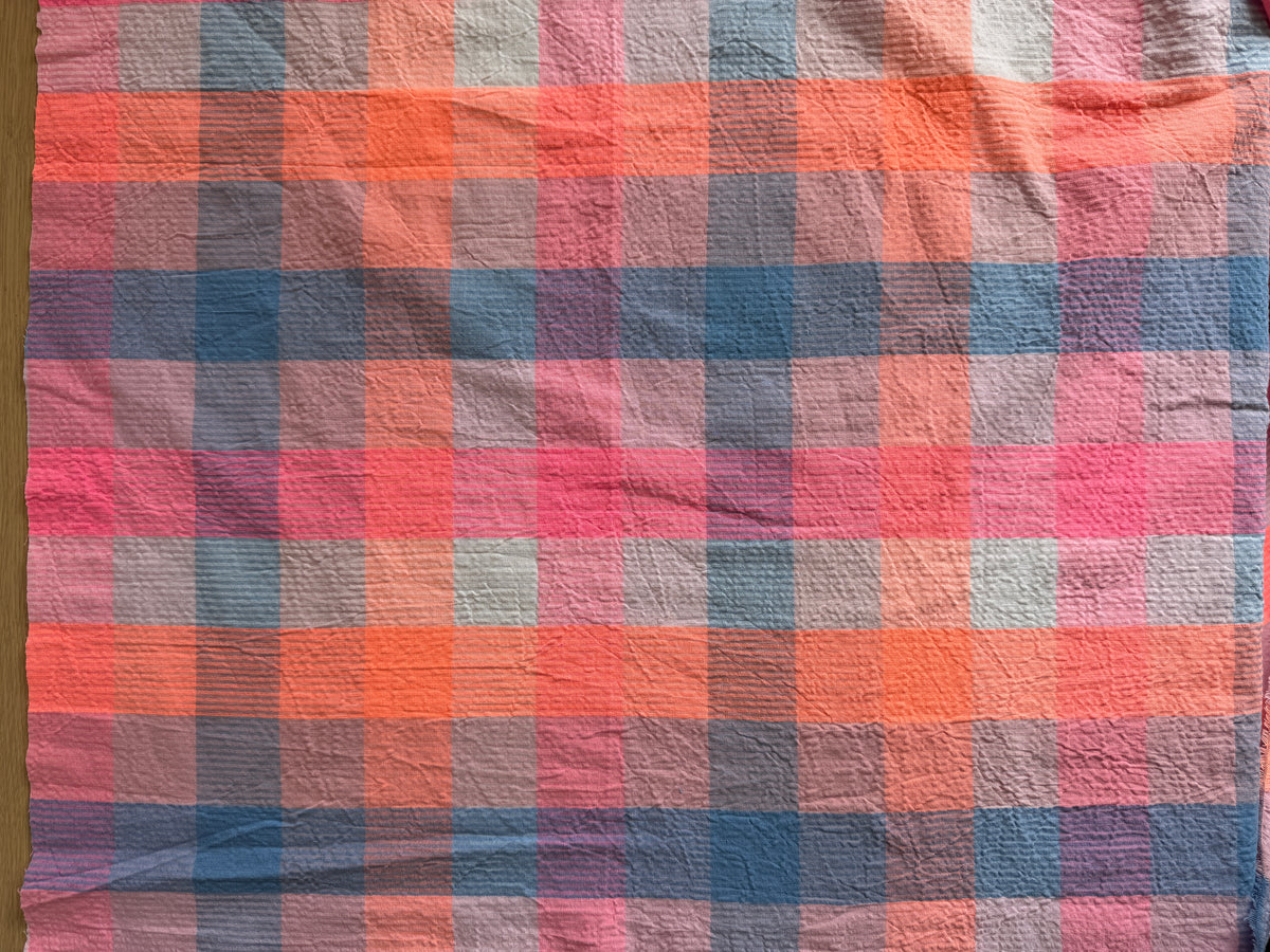 Pink, Orange & Blue Check Cotton Seersucker