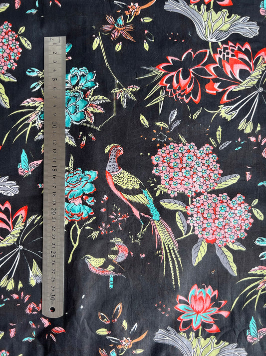 cotton fabric |  black large scale print peacock
