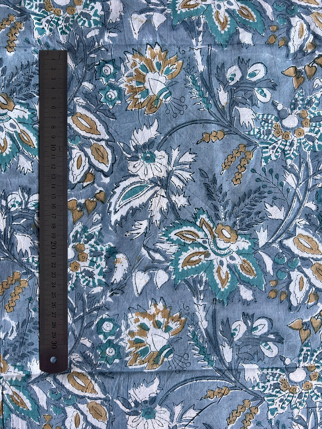 cotton fabric |  blue grey, yellow & teal garden