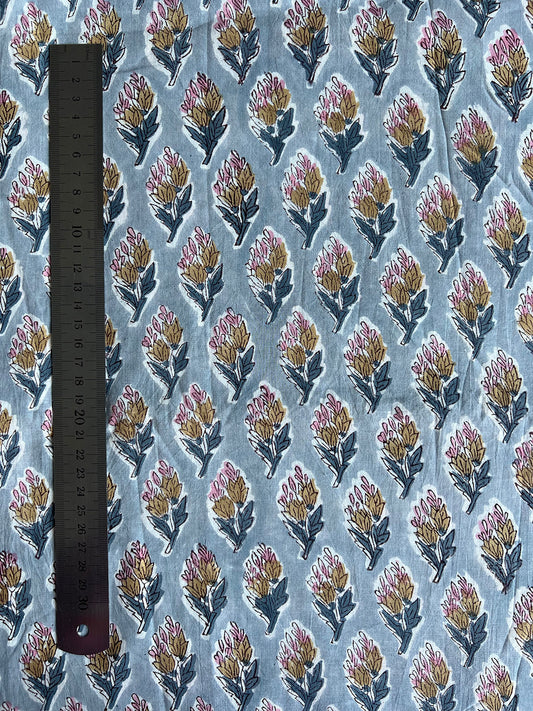 cotton fabric | blue grey with pink, yellow & darker blue buds