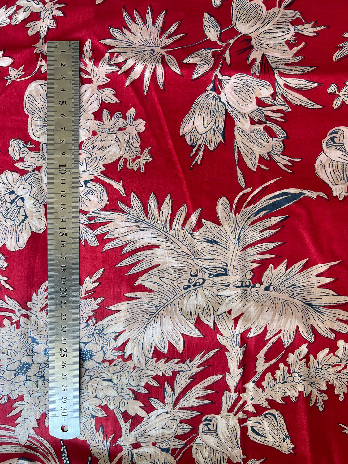 cotton fabric |  cherry red, natural & navy flora