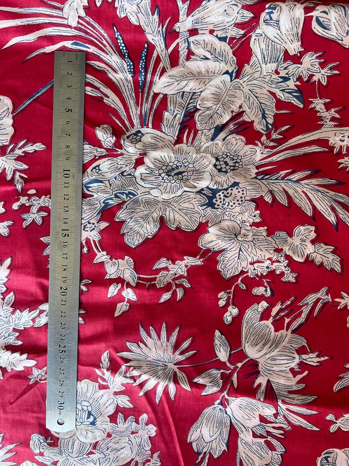 cotton fabric |  cherry red, natural & navy flora