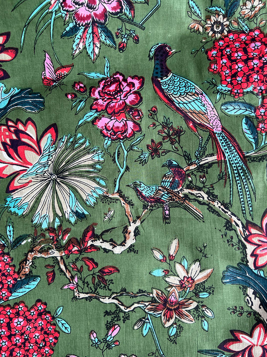 lightweight cotton olive large scale print peacock