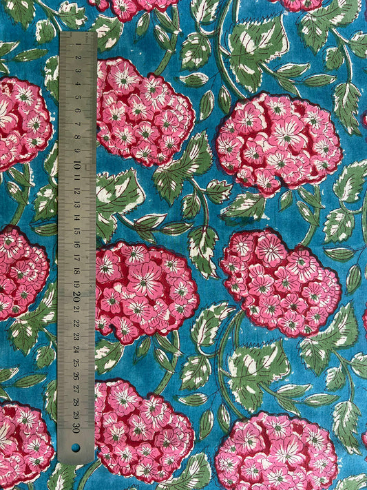 cotton voile teal blue green large pink blossoms