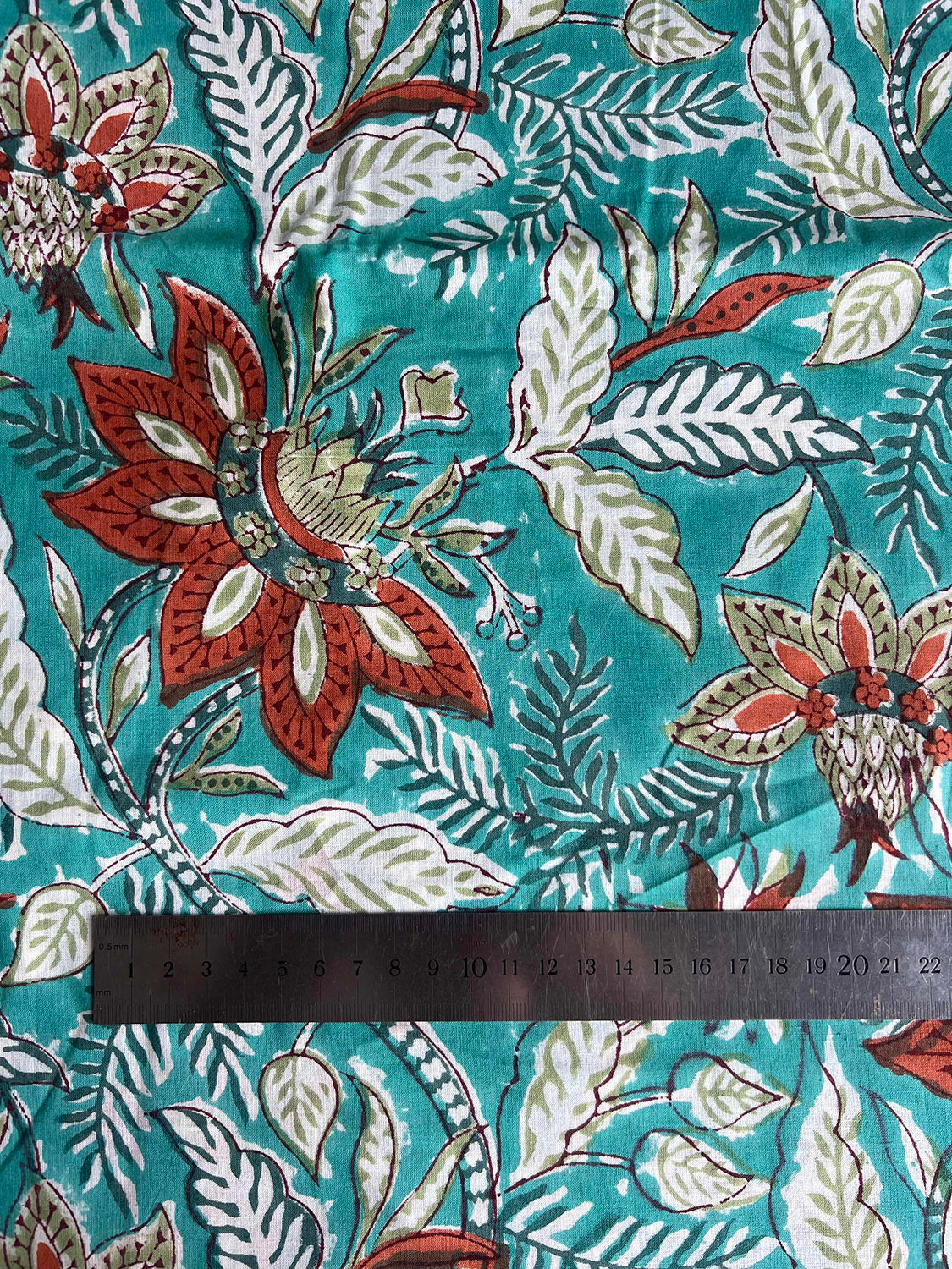 cotton fabric | cotton teal green burnt orange, sage large scale flowers