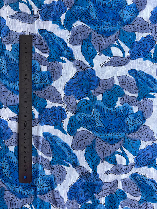 cotton fabric | white & blue & grey large blooms
