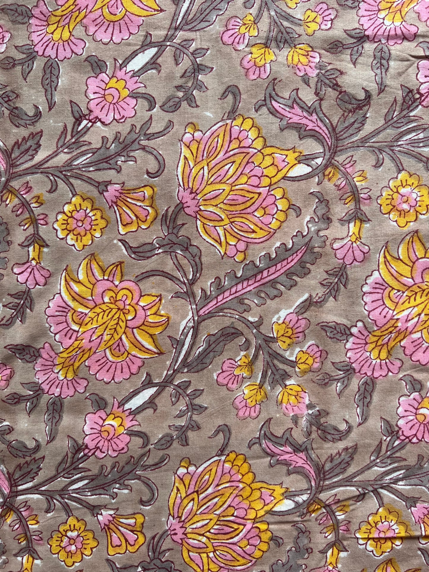 cotton fabric |  brown with yellow & pink flowers