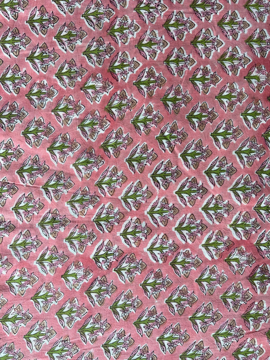 cotton fabric |  pink green natural little buds